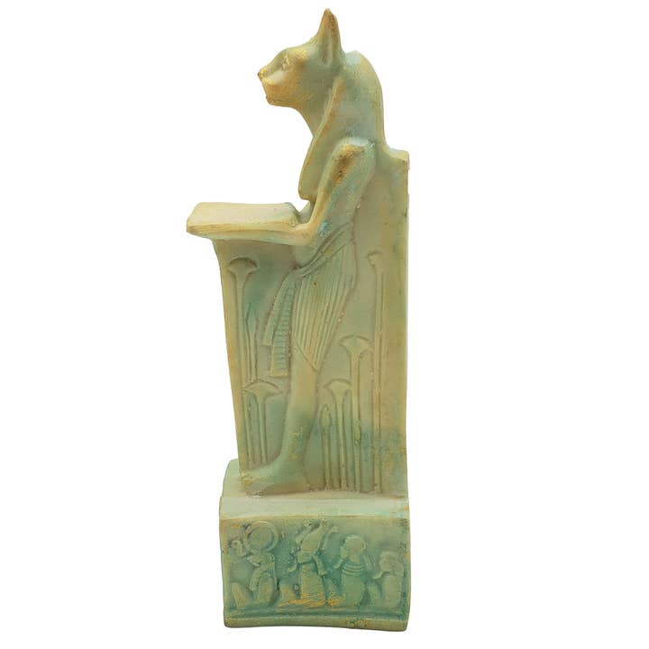 Discoveries, Inc. – wholesale Dekorativ statyett – Bastet Katt Piedestalstaty - Patina - Tillverkad i Egypten