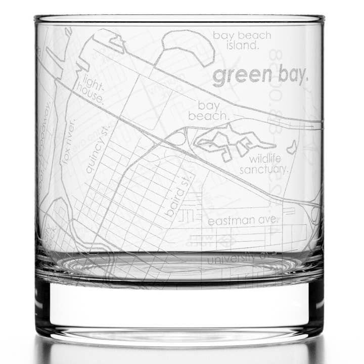 Green Bay, WI City Map - Etched Whiskey Rocks Glass for wholesale by Well Told