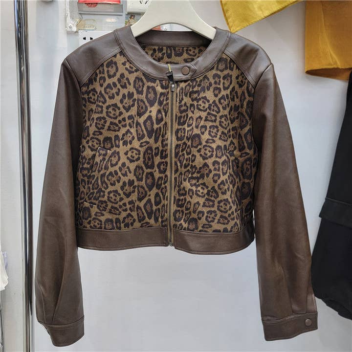 Coffee M290 2025 Fall Women’s Leopard PU Leather Short Jacket for wholesale on Faire