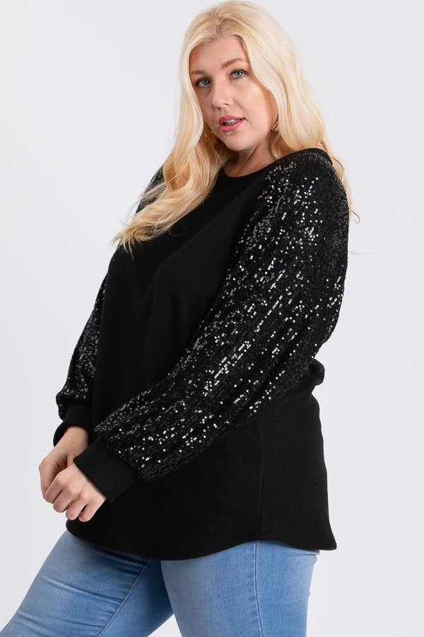 7th Ray - Wholesale Tunic - Women's - [PLUS SIZE] Brushed Knit Sequin Long Sleeve Top T2937XL2