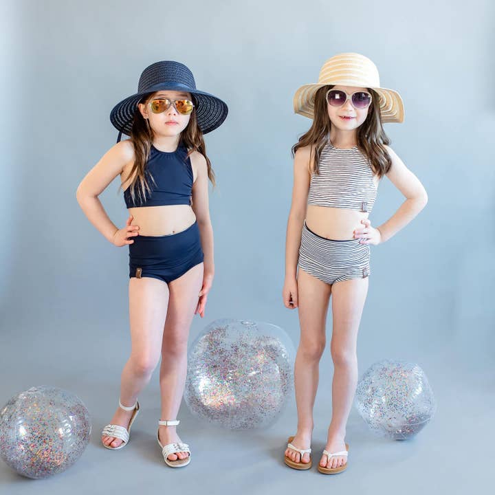 Adele Criss Cross Halter Swim Top - Black Stripes for wholesale by MINI Street