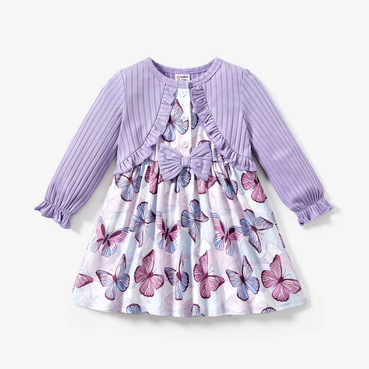 Vestito per bambina in cotone al 93% con stampa di farfalle per la vendita all'ingrosso da parte di PatPat