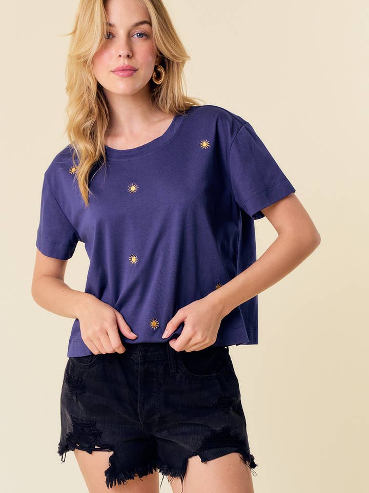 ROUND NECK SHORT SLEEVE SUN EMBROIDERED CROP TOP - 44440T for wholesale by Doe and Rae