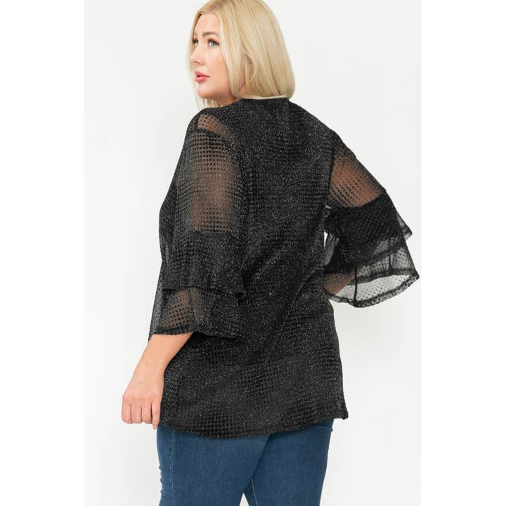 Story Teller - Wholesale Cardigan - Women's - Plus Size Shimmer Sheer Ruffle Open Front Mesh Cardigan