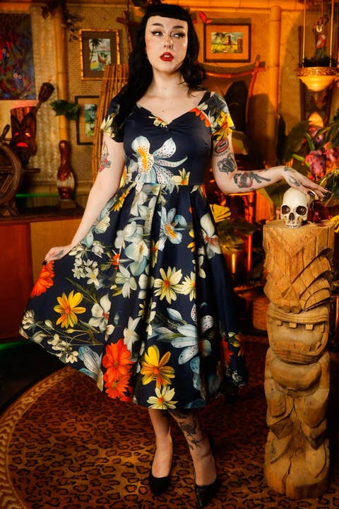 Lily Navy Blue Off The Shoulder Tropical Floral Print Flared for wholesale by Dolly & Dotty