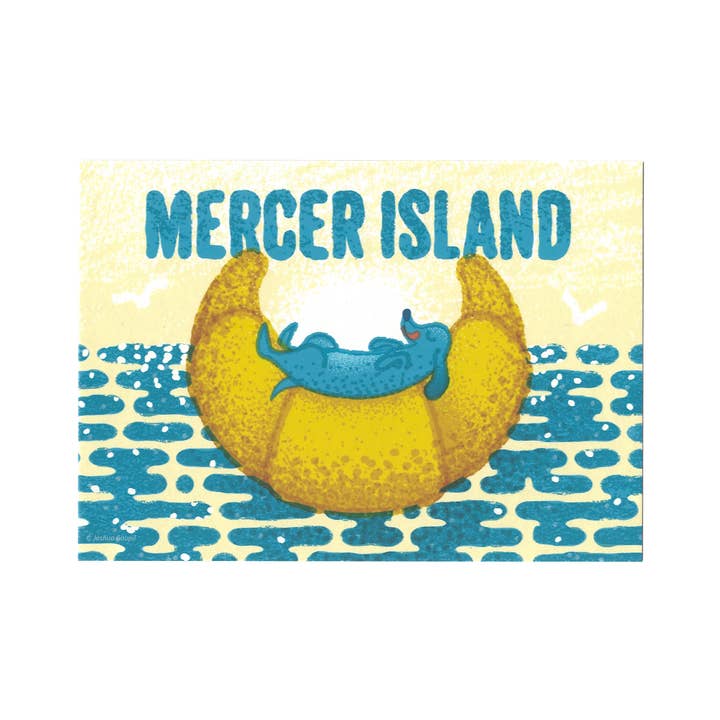 Mercer Island Dachshund Floating on Croissant Postcard for wholesale by Wug Prints