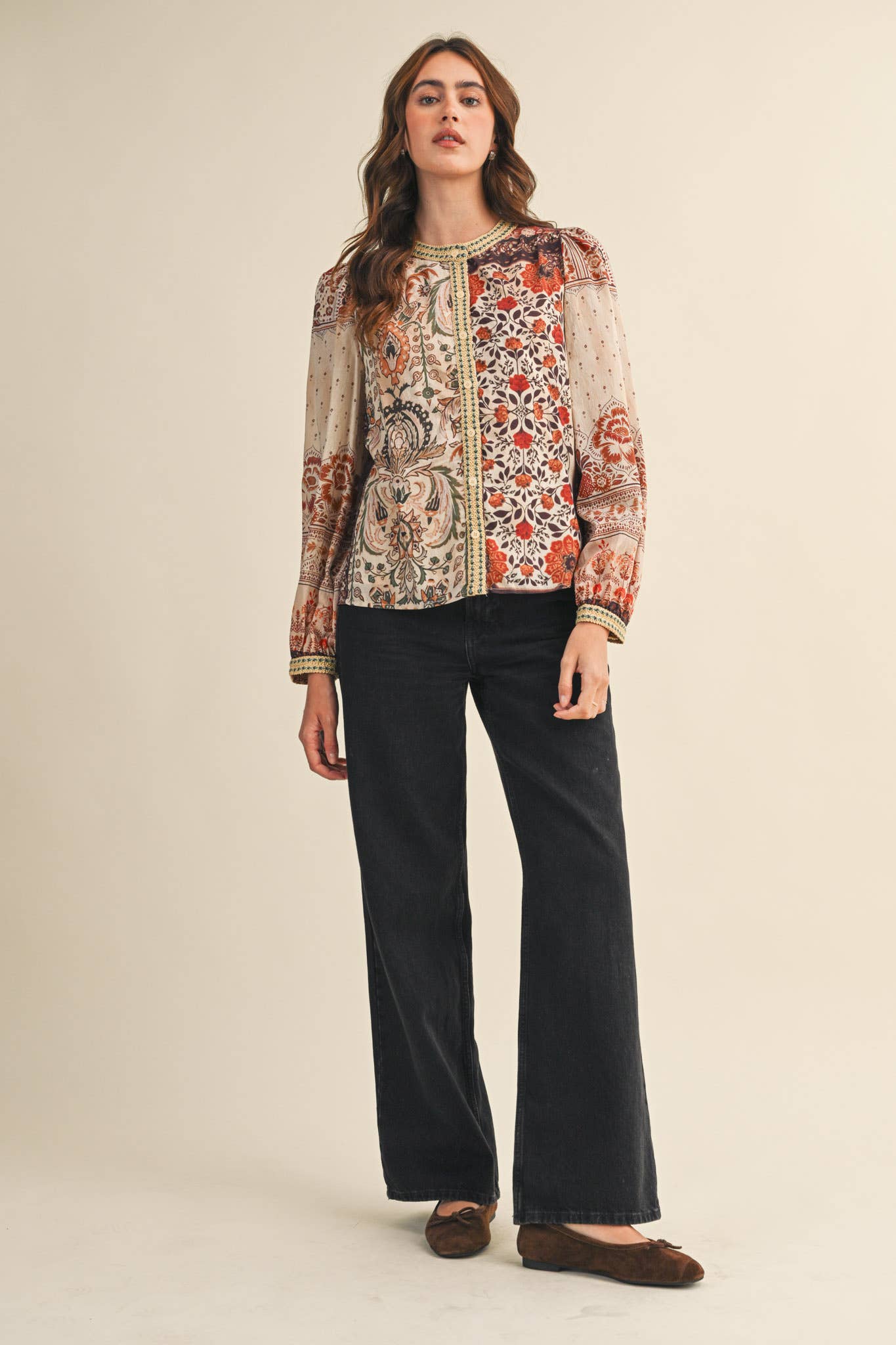 &MERCI - Wholesale Button Down Shirt - Women's - PATCHWORK PRINT CROCHET TRIM BUTTON DOWN TOP MTP43829