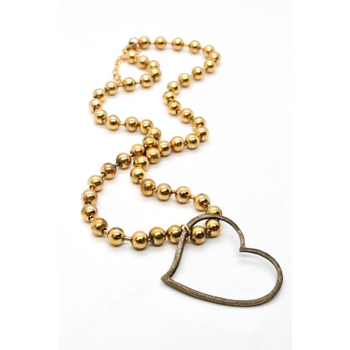 Single Gold Plate Ball Chain Necklace with Brass Heart Charm N2-S475g -The Classics Collection- for wholesale by LIZOU