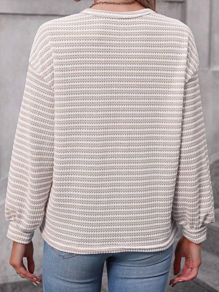 Lovesoft - Wholesale Knit Top - Women's - Stripe Round Neck Drop Shoulder Long Sleeve Top