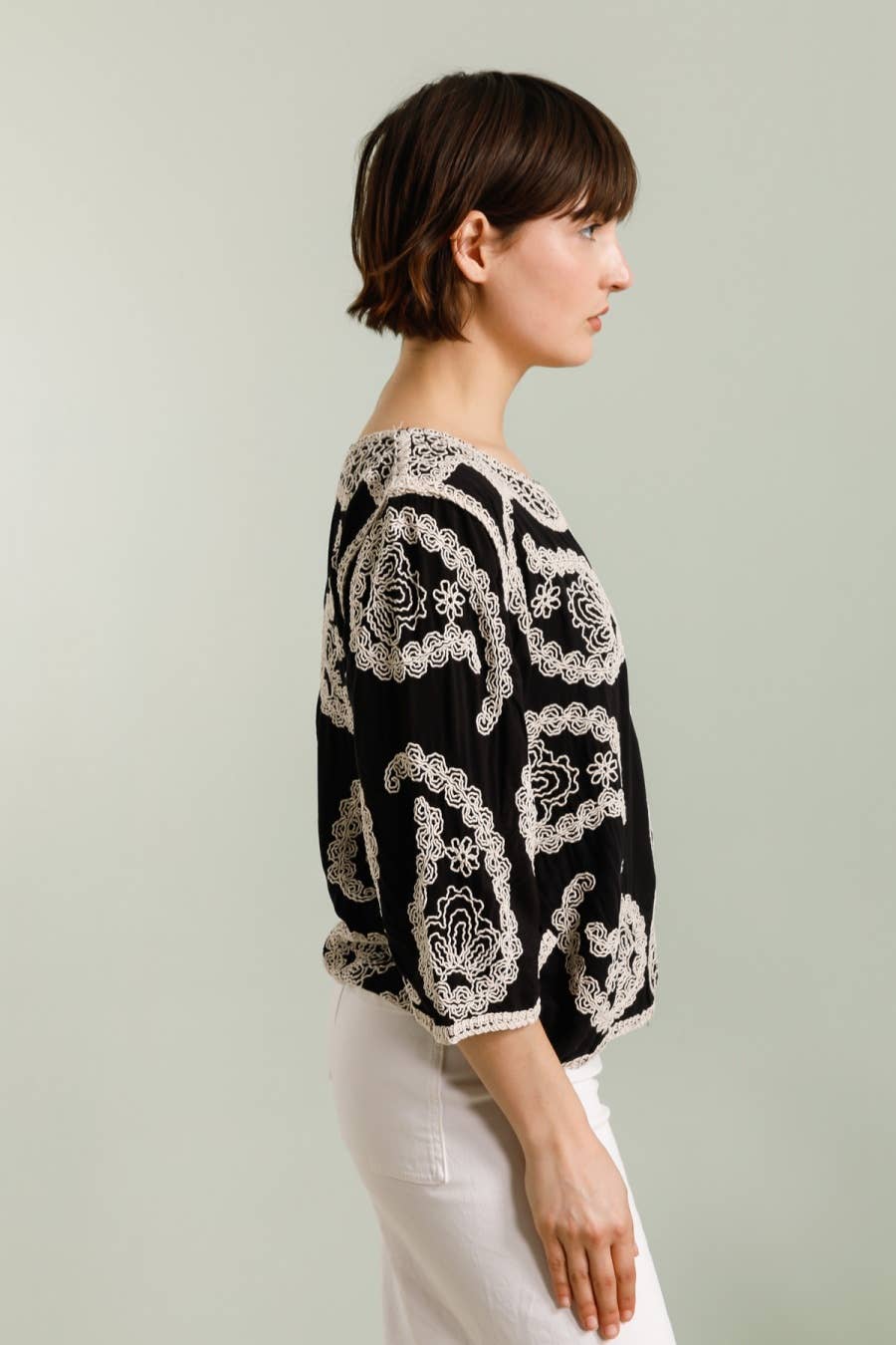 DIX-ONZE - Wholesale T-Shirt - Women's - Embroidered Top with 3/4 Sleeves – Ornamental Patterns2