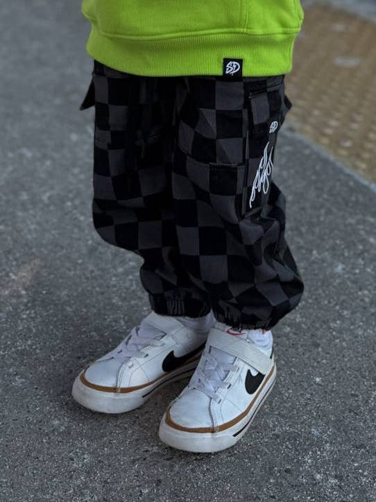 BLACK & GREY CHECKERED FLAME • CARGO JOGGERS for wholesale by Smiley Daze