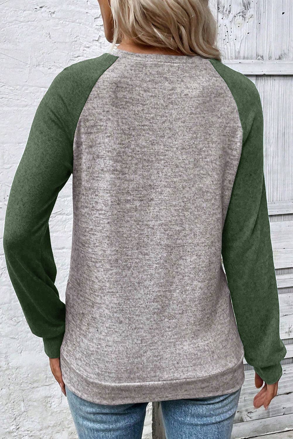 Evergreen Colorblock Raglan Long Sleeve T Shirt for wholesale on Faire1