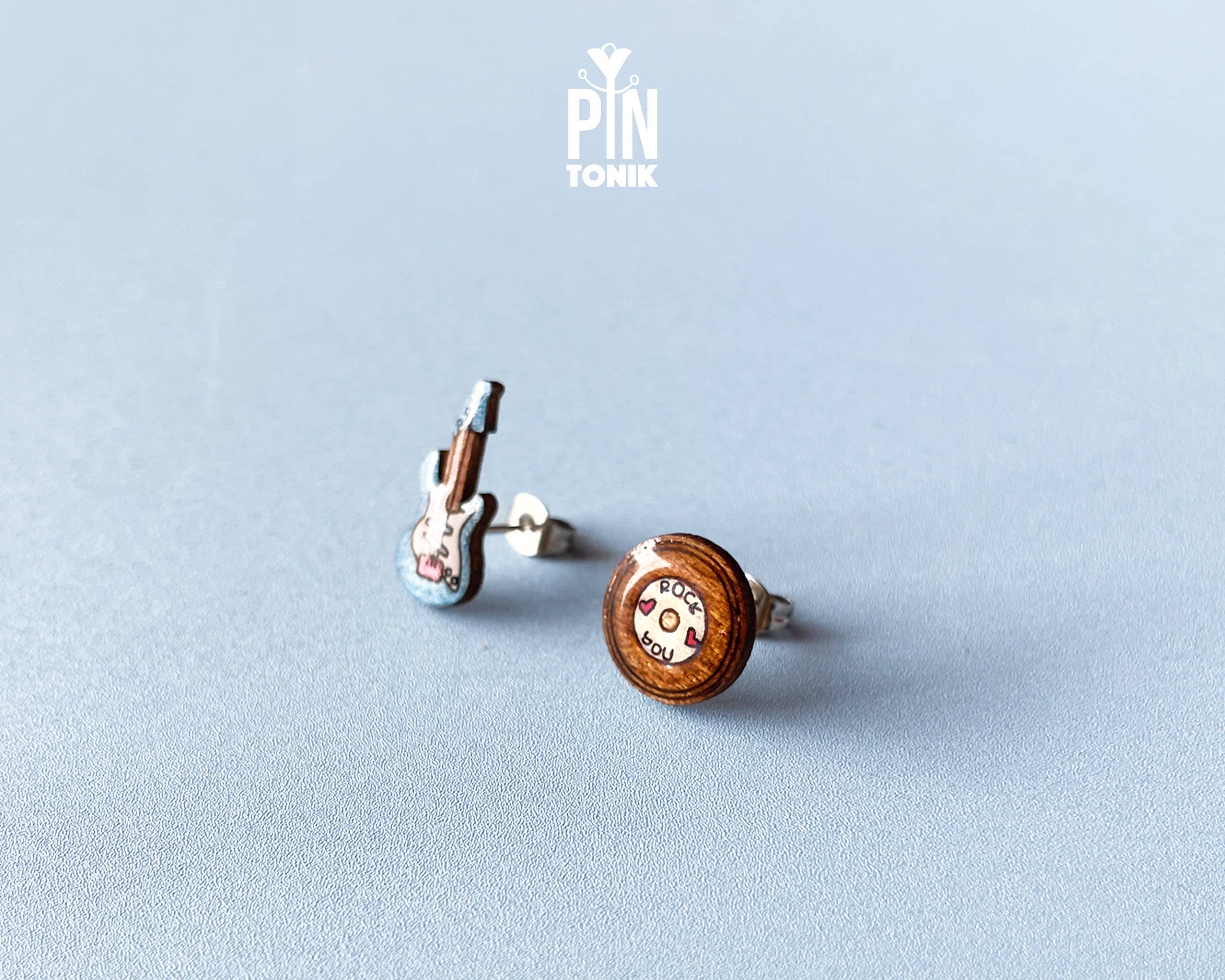 PinTonik - Wholesale Stud/Post Earrings - Electric Guitar & Vinyl Mismatched Earrings Music Gift4