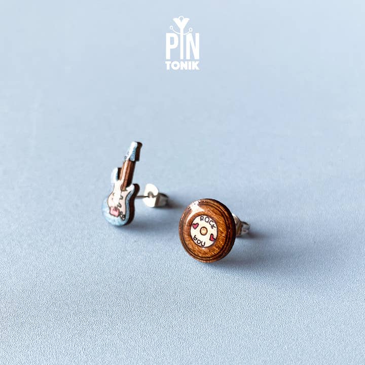 PinTonik - Wholesale Stud/Post Earrings - Electric Guitar & Vinyl Mismatched Earrings Music Gift4