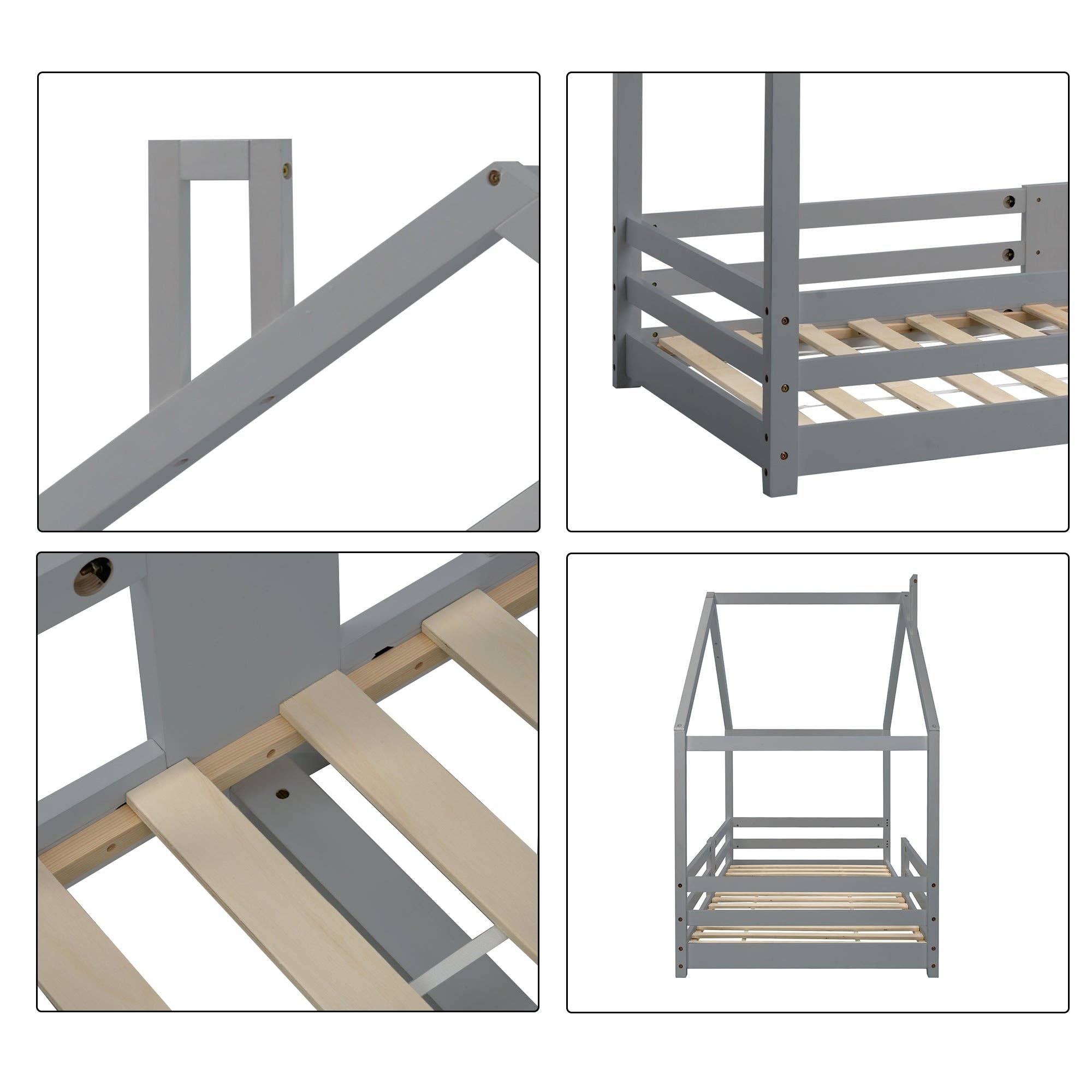 Urban Meuble - Vente Lit – enfant et bébé - Lit enfant lit cabane avec cheminée sommier à lattes robuste lit cabane en bois de pin gris, 90 x 200 cm sans matelas STRONS9