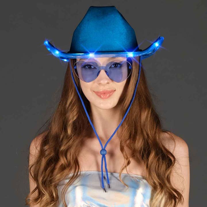 Funcredible - Wholesale Cowboy Hat - Women's - Blue Cowgirl Hat with Glasses - Light Up Cowboy Hat