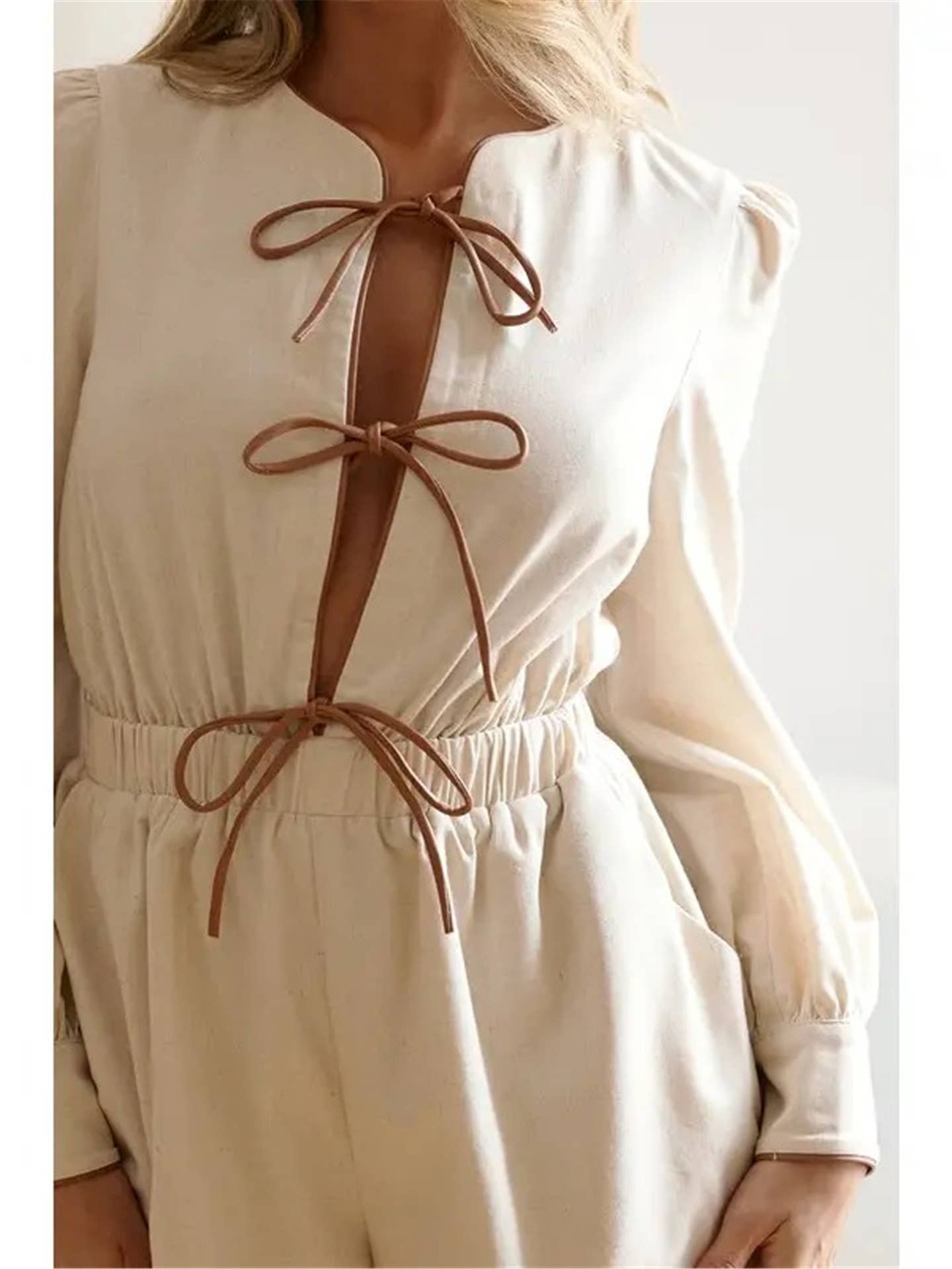 Rosa Clothing - Wholesale Romper - Women's - contrast bow tie front closure long sleeve romper12