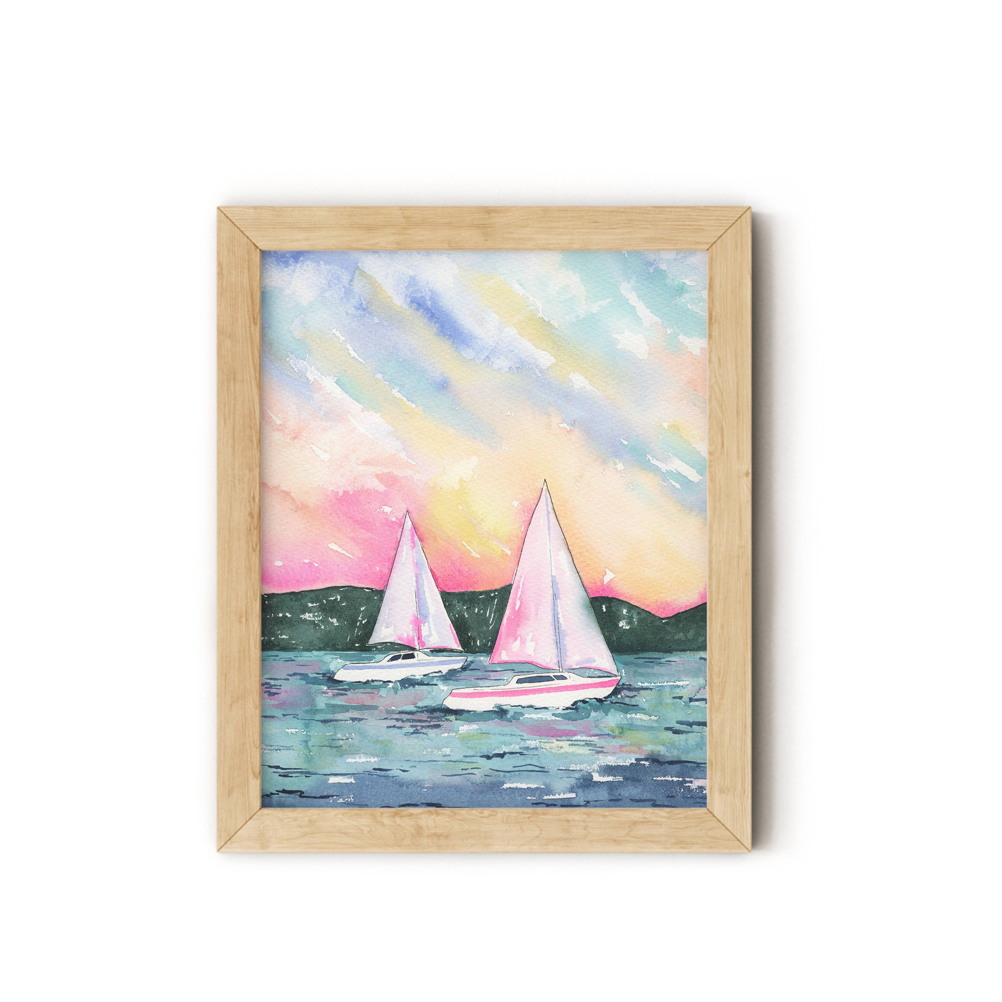 KelseyMDesigns - Wholesale Art Print - Sunset Sailboats Beach Art, Coastal Watercolor Wall Art