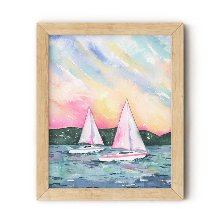 KelseyMDesigns - Wholesale Art Print - Sunset Sailboats Beach Art, Coastal Watercolor Wall Art 0