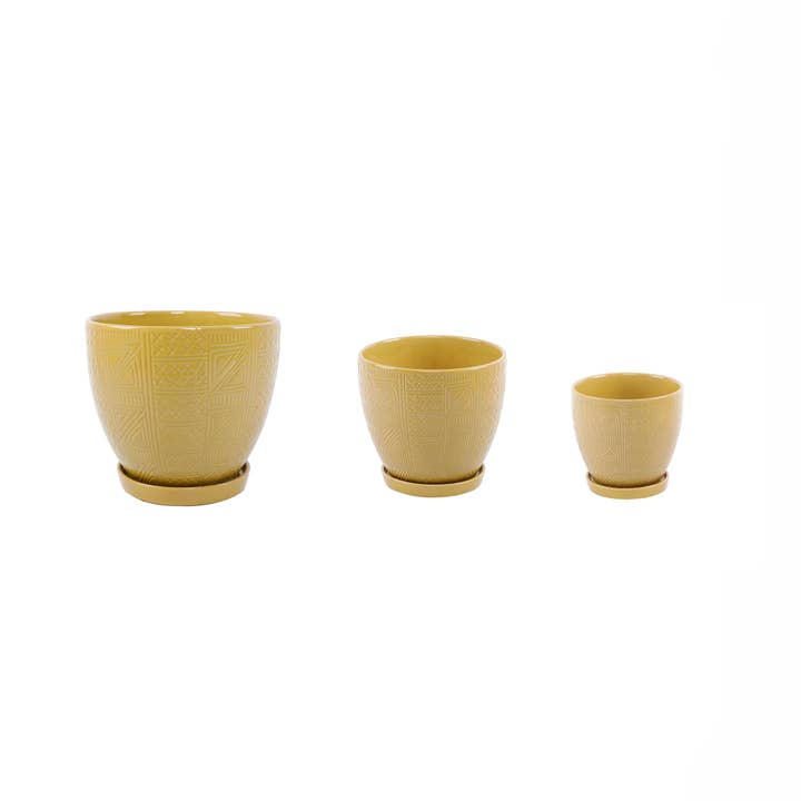 Set of 3 Yellow Textured Ceramic Pots with Saucers for wholesale by Flora Bunda Inc