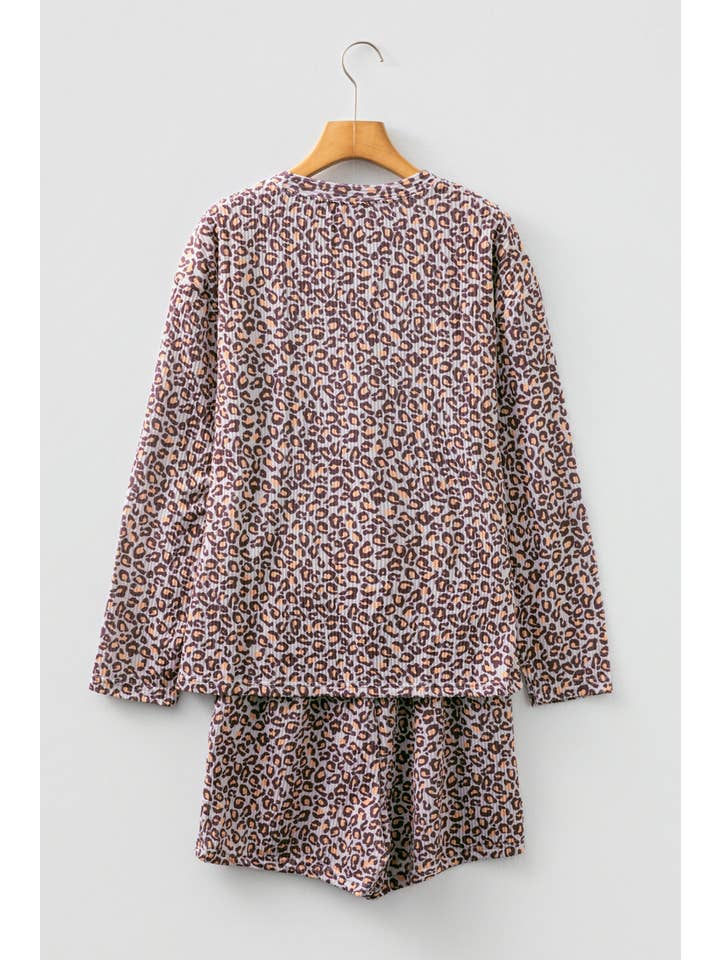 Brown Leopard Ribbed Long Sleeve Top and Shorts 2pcs Outfit (S-XL) for wholesale on Faire2