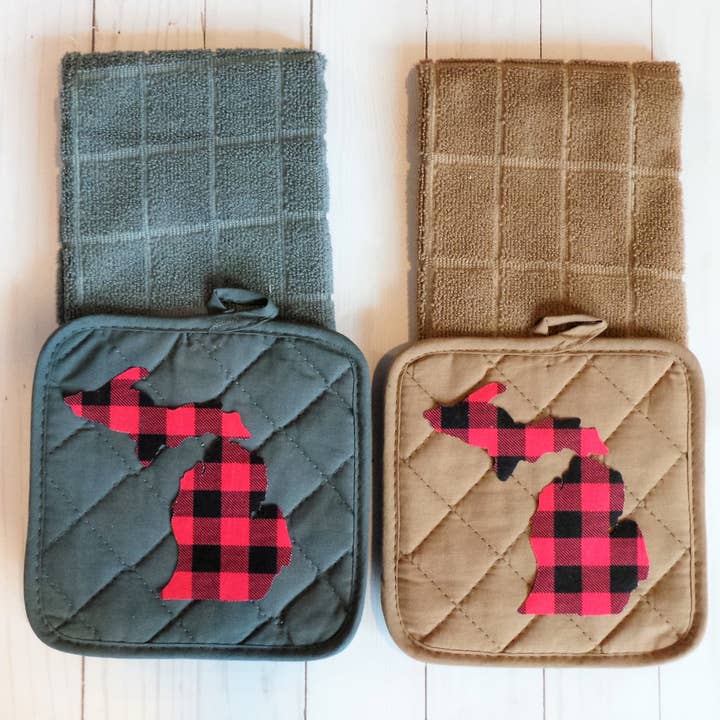 Plaid Spirit - Wholesale Oven Mitt/Pot Holder - Buffalo Plaid State shape potholder and towel set1