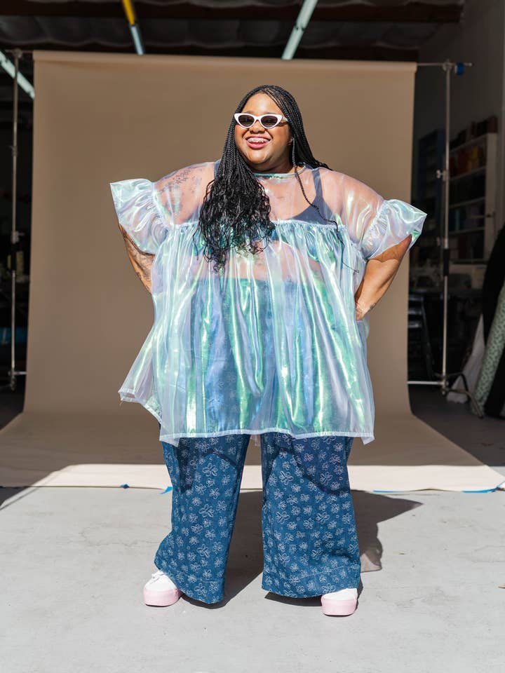 Size Inclusive Plus Size Sheer Blue Ruffle Mini Dress Spring for wholesale by Nettle Studios