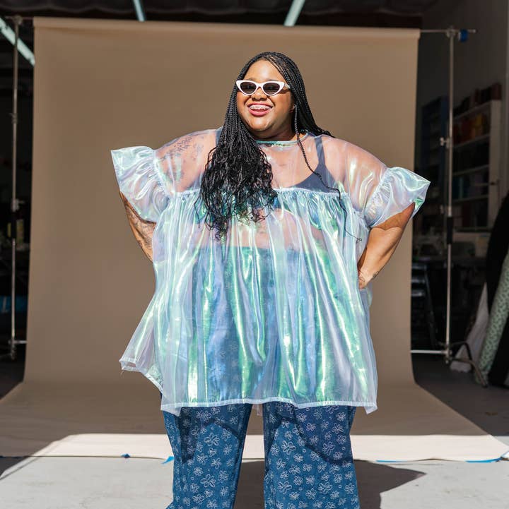 Nettle Studios - Wholesale Dress - Women's - Size Inclusive Plus Size Sheer Blue Ruffle Mini Dress Spring