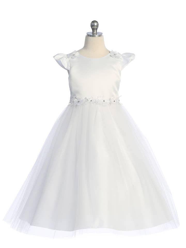 Vestido de cetim para meninas com mangas curtas, detalhe floral e tamanhos plus por atacado de Kid's Dream