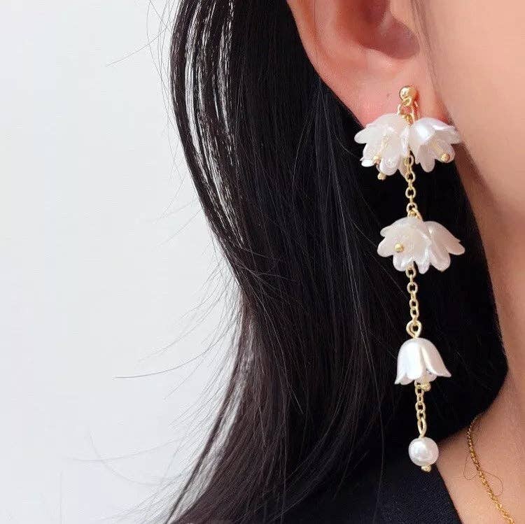 Haengseongworkshop - Wholesale Stud/Post Earrings - 18K Gold Plated Bell Flowers White Flora Drop Glass Pearls Earrings3