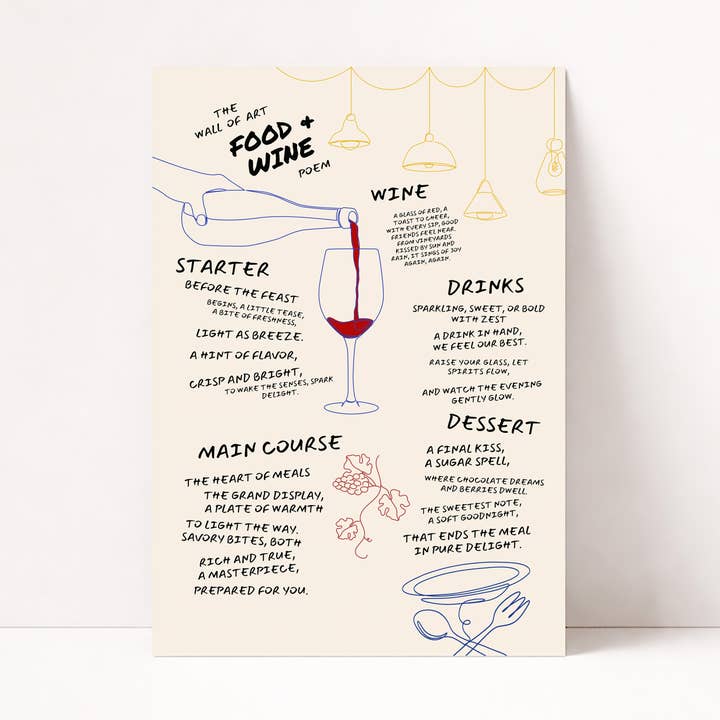 AFFICHE DE POÈME SUR LA NOURRITURE ET LE VIN pour la vente par PurePeach Studio