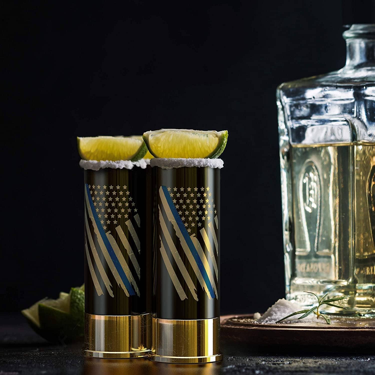 Old Southern Brass - Wholesale Shot Glass - 12 Gauge Shot Glasses Set of 4 - Thin Blue Line Police Flag3