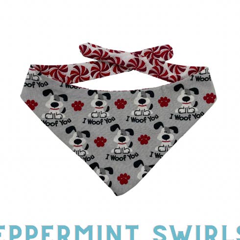 Omkeerbare bandana met stropdas - Pepermunt wervelt naar I Woof You voor wholesale door Happy Hound Bakeshop