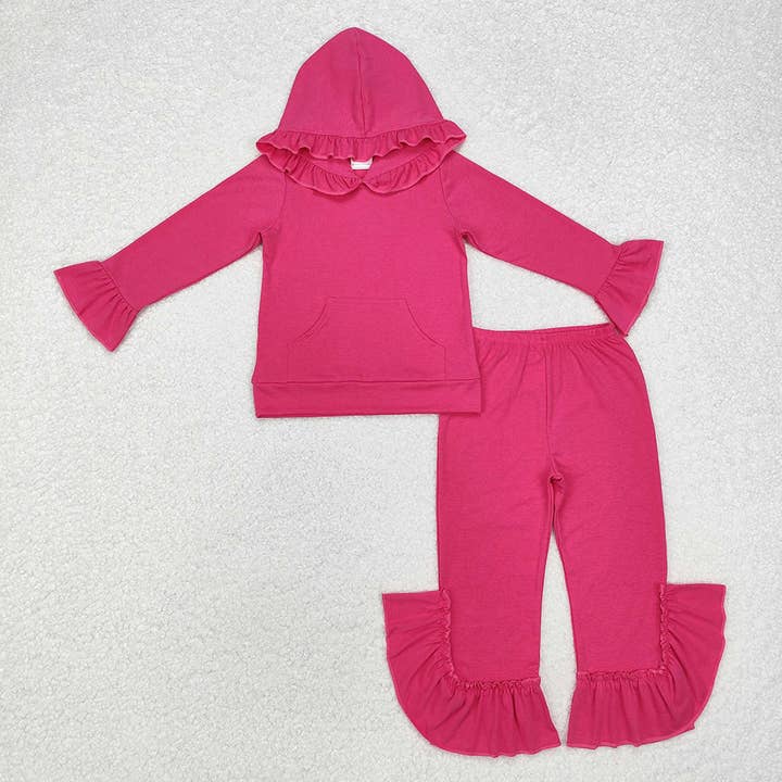 Aier Wholesale - Wholesale Top & Pant Set - Kids - 5 Colors Cotton Sibling Baby Girls Hooded Ruffle Top Bell Pants Clothes Sets