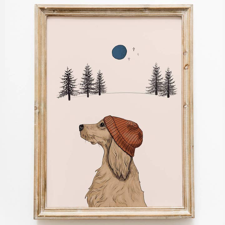 Estampado de perro Golden Retriever | Arte de pasear perros en el bosque para venta al por mayor de Beth Goodwin Designs