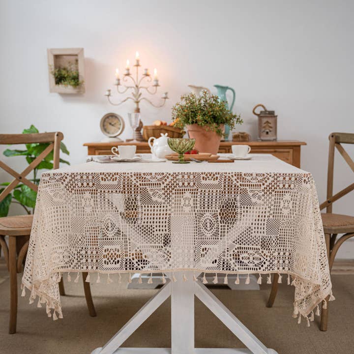 ACCITY - Wholesale Tablecloth - CROCHET HOLLOW TABLECLOTHS WITH TASSELS_CWMM0021