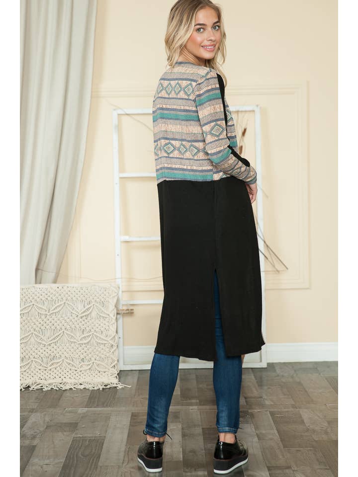 Tribal Print Mixed Media Maxi Cardigan with Side Pockets-2 for wholesale on Faire