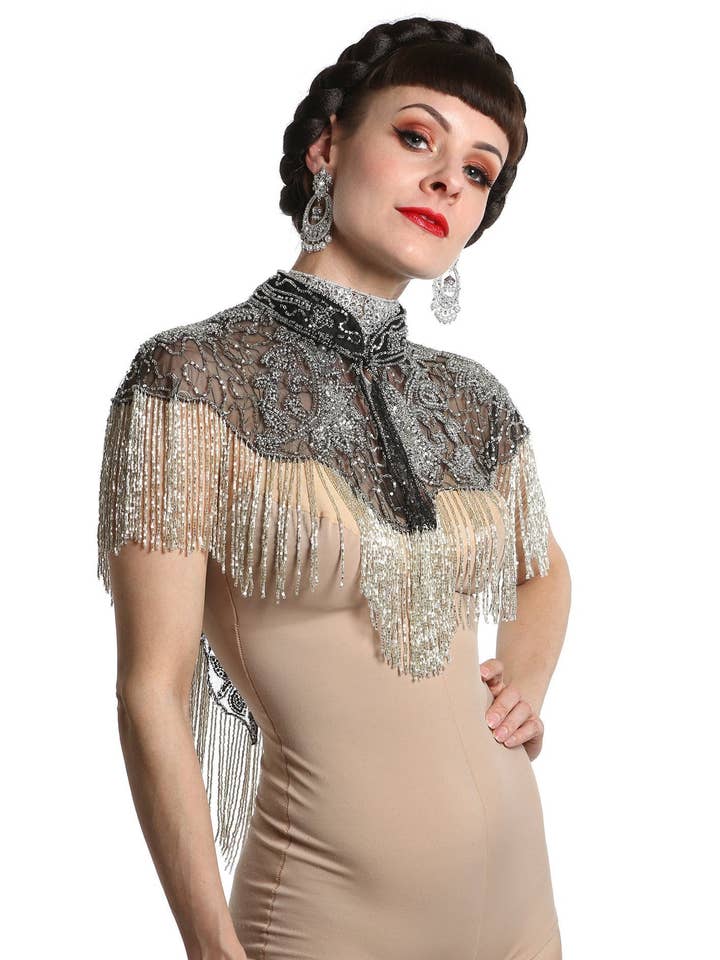 Black & Silver Sequin Tassel Cape for wholesale by Talulah Blue