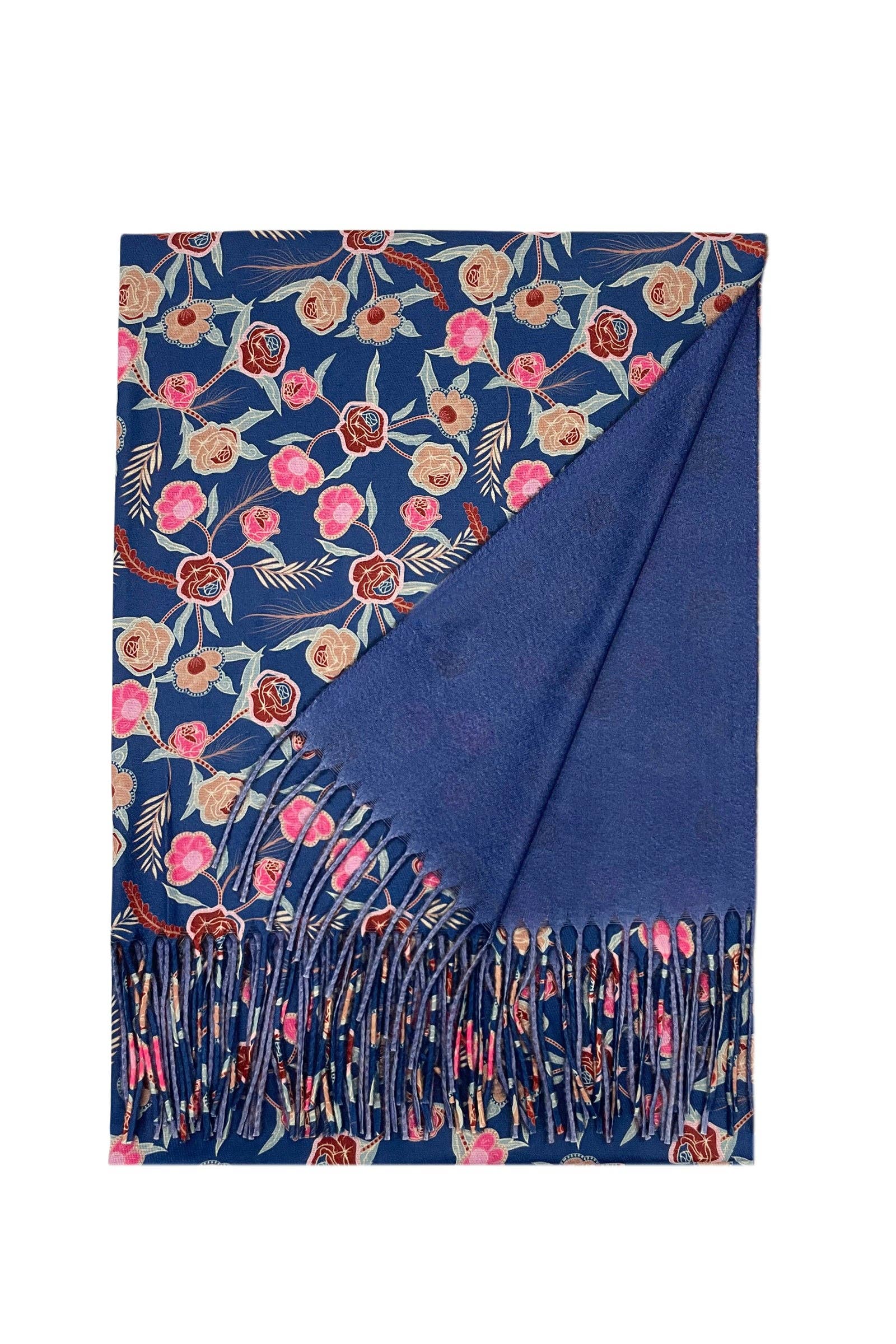 Marineblau Quastenschal aus Wolle in Rosa und gemischtem Blumenmuster für den Großhandel auf Faire1