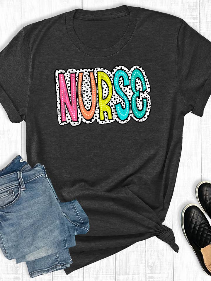 Charcoal Colorful Dalmatian Dot Nurse Graphic Tee for wholesale on Faire0
