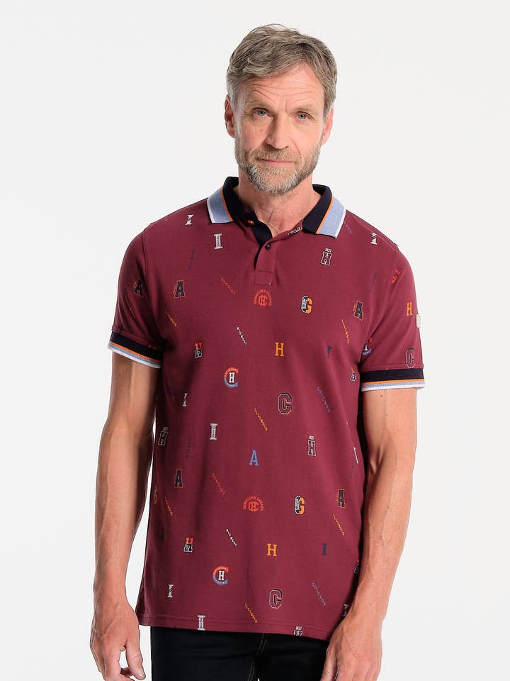 Burgunderfarbenes Herren-Poloshirt mit Buchstabenmuster für den Großhandel von J&JOY