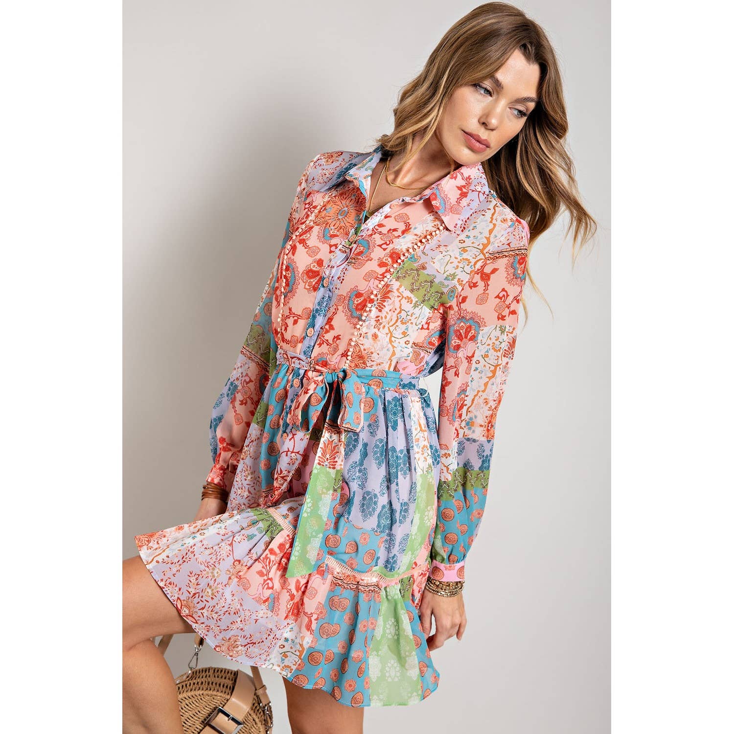 Sweet Generis – wholesale Dress – Women's – FLOWER PRINT LONG SLEEVE SHIRT DRESS23