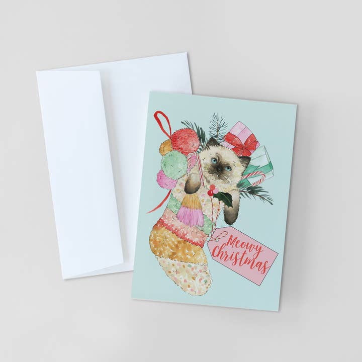 Meowy Christmas Card - Christmas Stocking Cat for wholesale by KelseyMDesigns