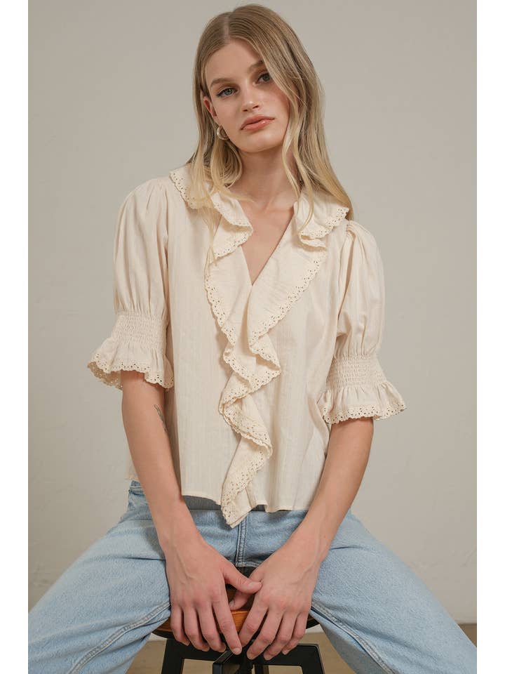 RAISONNEL - Wholesale Blouse - Women's - Ruffle Trim Lace Detail Blouse - RT1179