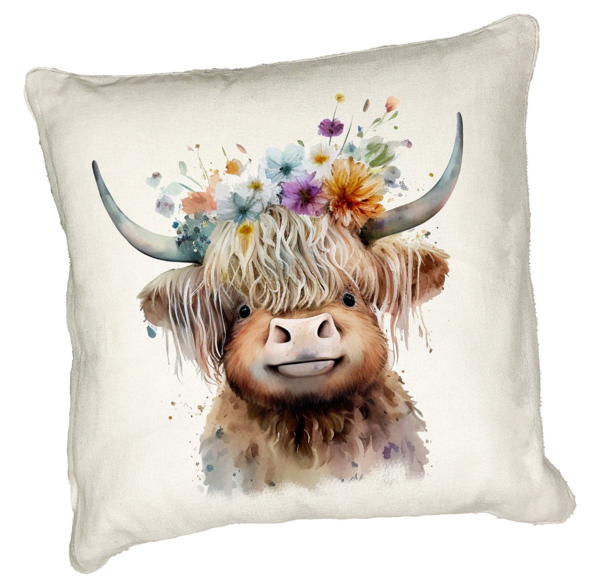 Noble & Page – wholesale Throw/decorative pillow – Highland Cow Cushion Watercolour Floral Crown Design1