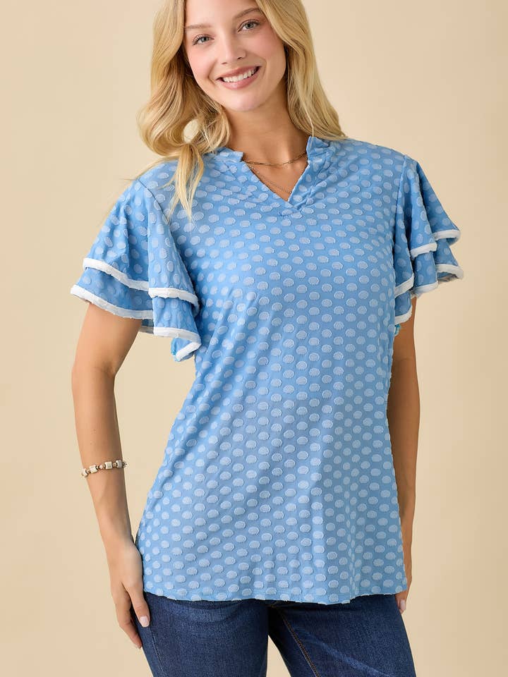 RUFFLE SLEEVE TEXTURED DOT BLOUSE -CT43938C for wholesale by Celeste Clothing