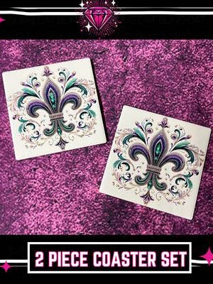 Mardi Gras Fleur de Lis 4x4 Tile Coaster Set - Purple, Green for wholesale by Bling Dat