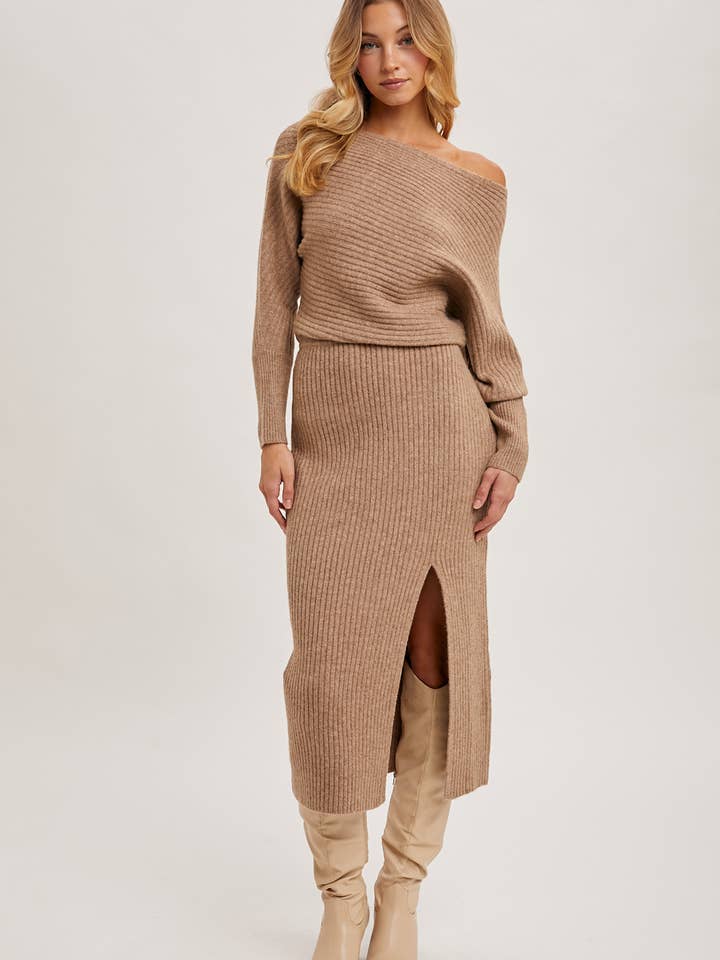 Bluivy - Wholesale Dress - Women's - ONE SHOULDER OFF SIDE SLIT MIDI KNIT SWEATER DRESS4