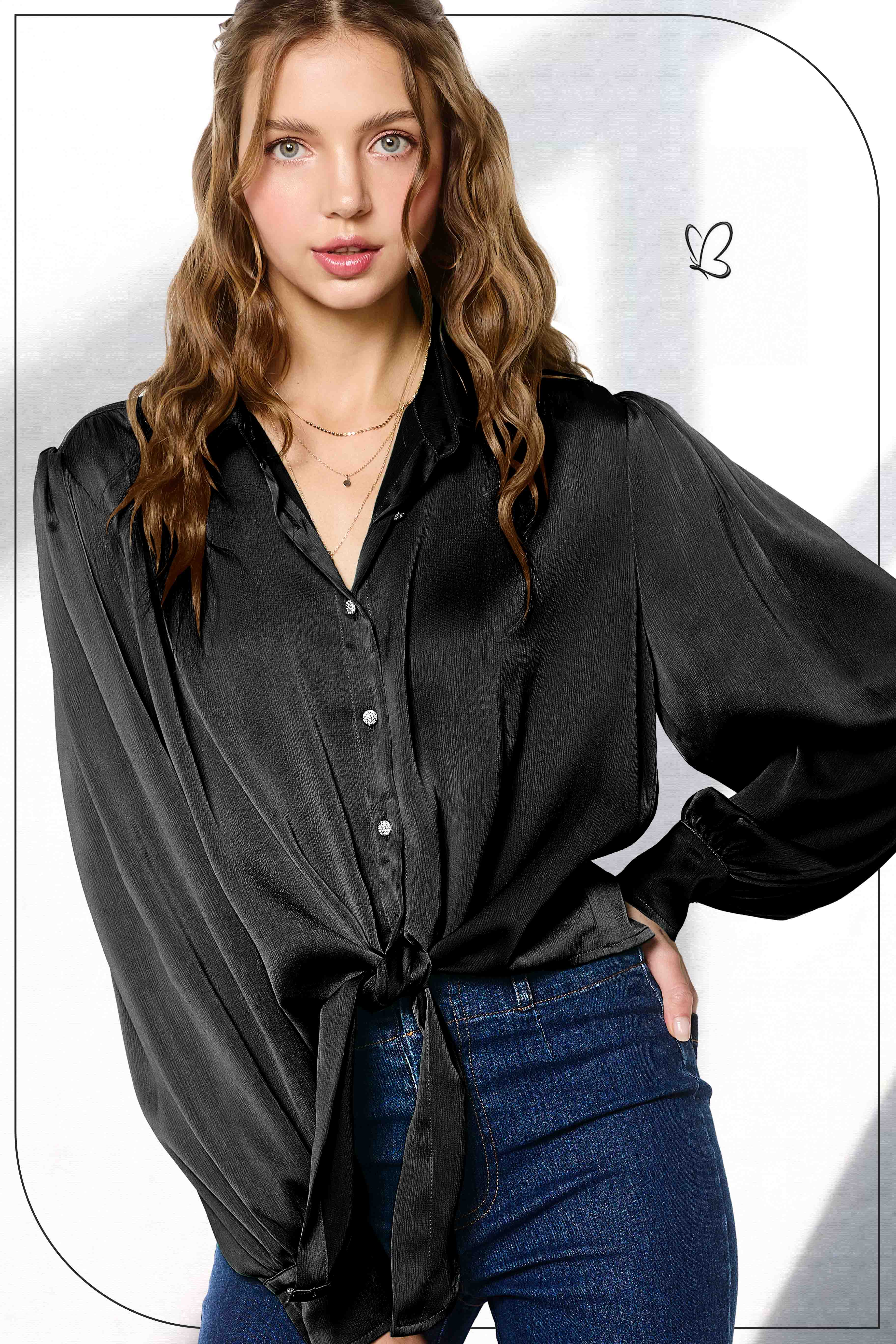 La Miel - Wholesale Button Down Shirt - Women's - SRT7806-Flowy Button Down Balloon Sleeve Tie-Front Shirt11