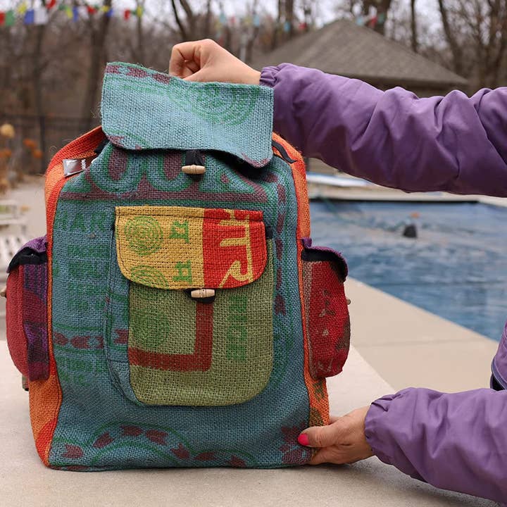 Lungta Imports - Wholesale Backpack - Women's - Hobo Hippie Recycled Jute Rice Bag Backpack Hand-Made Nepal